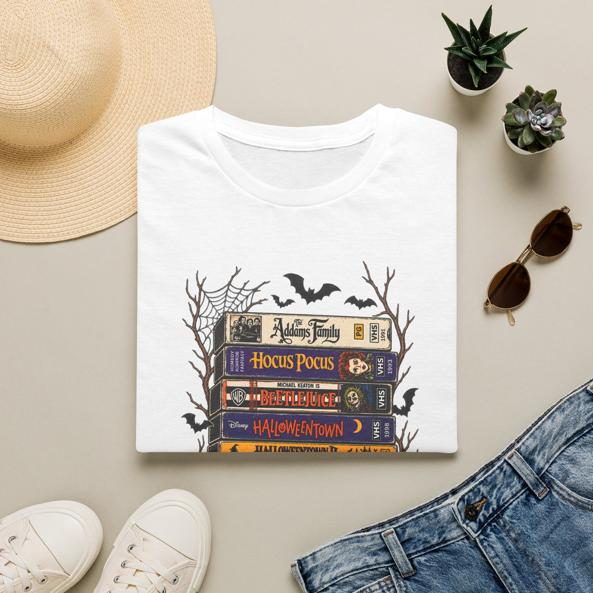 Halloween Movie Book Stack  Soft style T-Shirt — Hocus Pocus, Beetlejuice & Halloween Town Graphic Gildan Tee