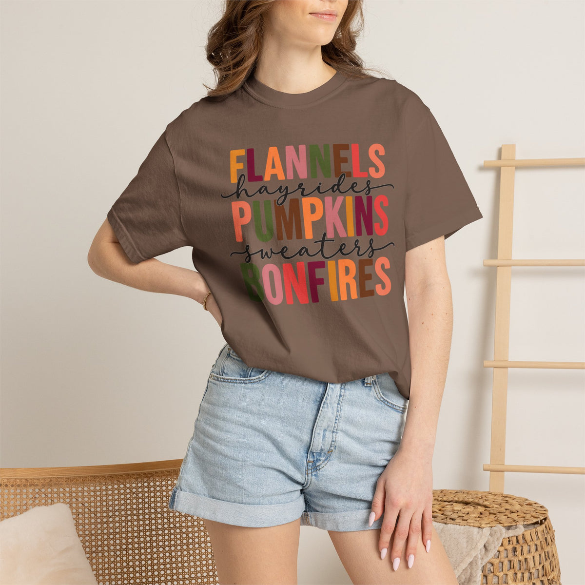 Fall Vibes T-Shirt – "Flannels Hayrides Pumpkins Sweaters Bonfires" Autumn Graphic Tee