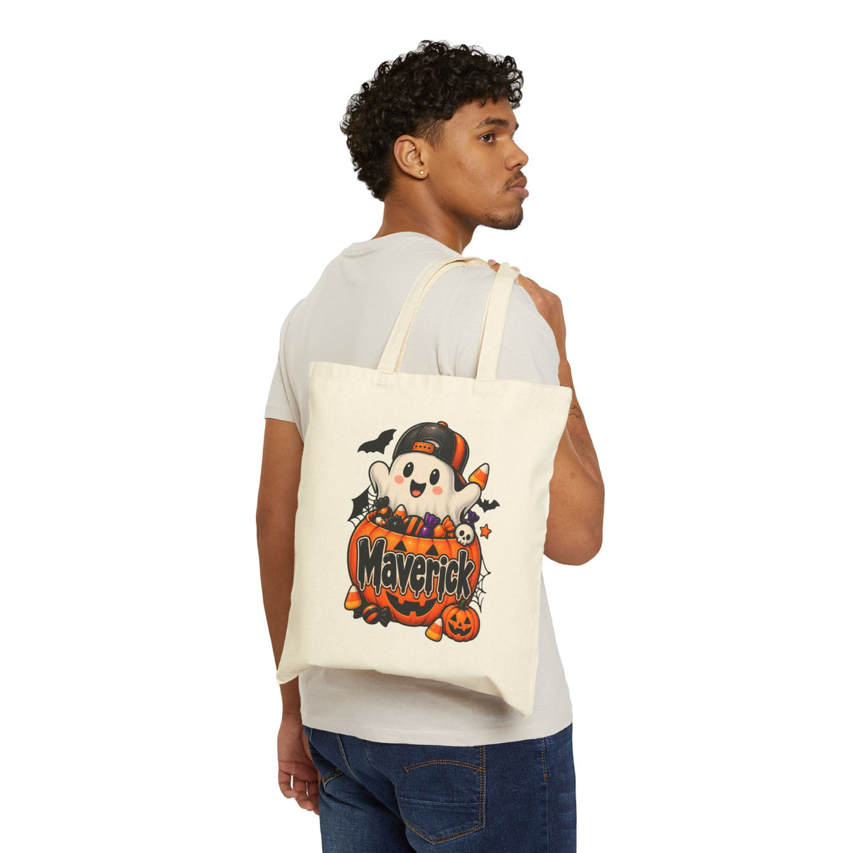 Halloween Ghost Pumpkin Tote Bag – "Maverick" Trick-or-Treat Cotton Canvas Tote