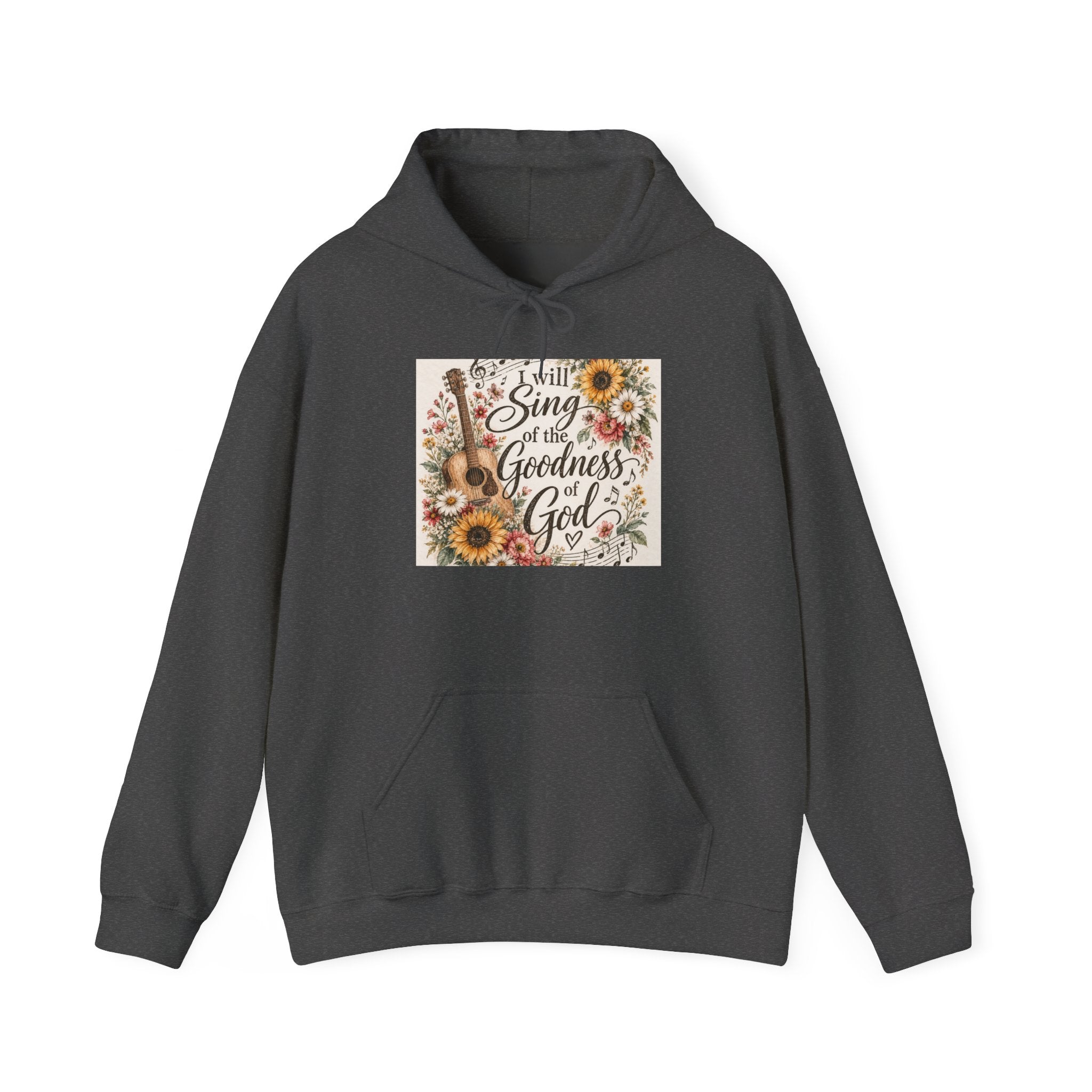 Christian Hoodie — "I Will Sing of the Goodness of God" Floral Guitar Design