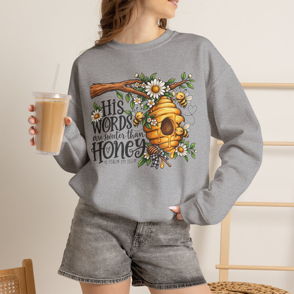 Crewneck Sweatshirt — “His Words Are Sweeter Than Honey” Bee & Beehive Design