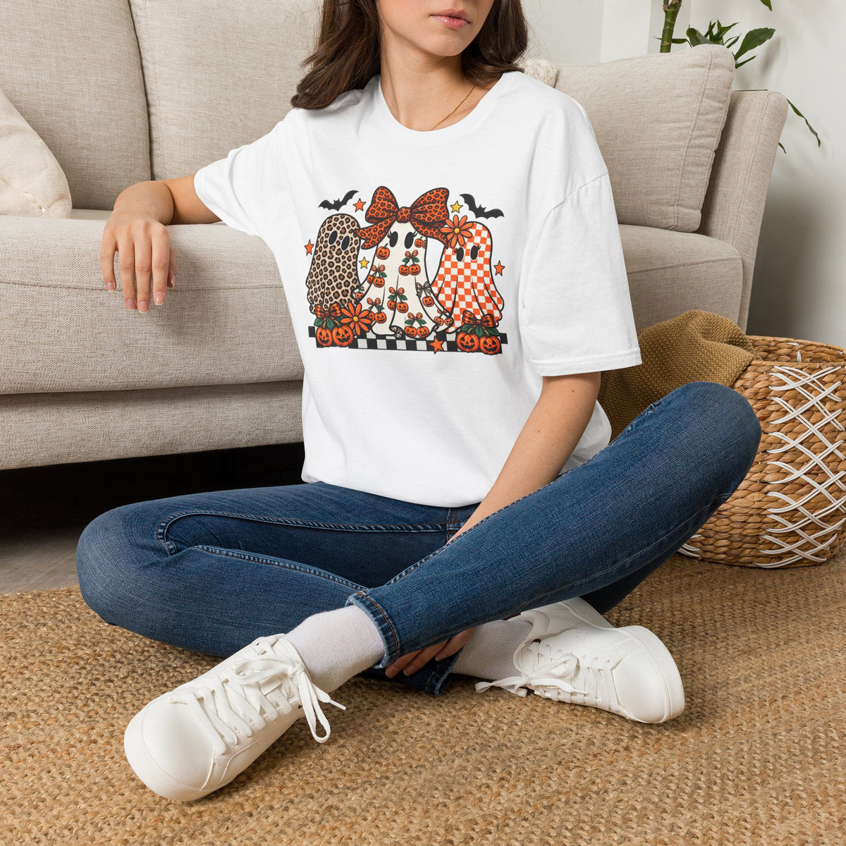 Halloween Sisters Graphic T-Shirt — Leopard + Plaid Pumpkin Girls Design