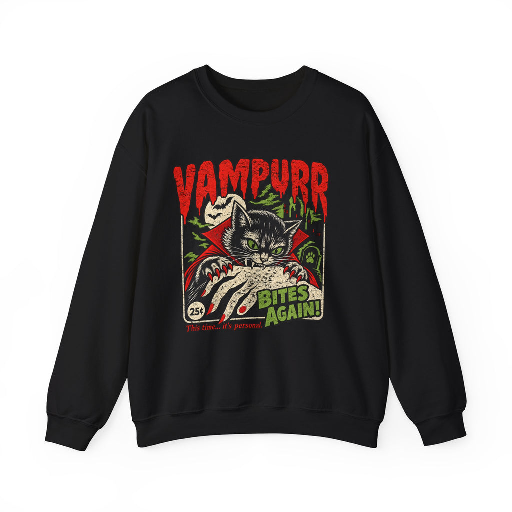 Vampurr Bites Again Sweatshirt — Retro Horror Cat Graphic Crewneck