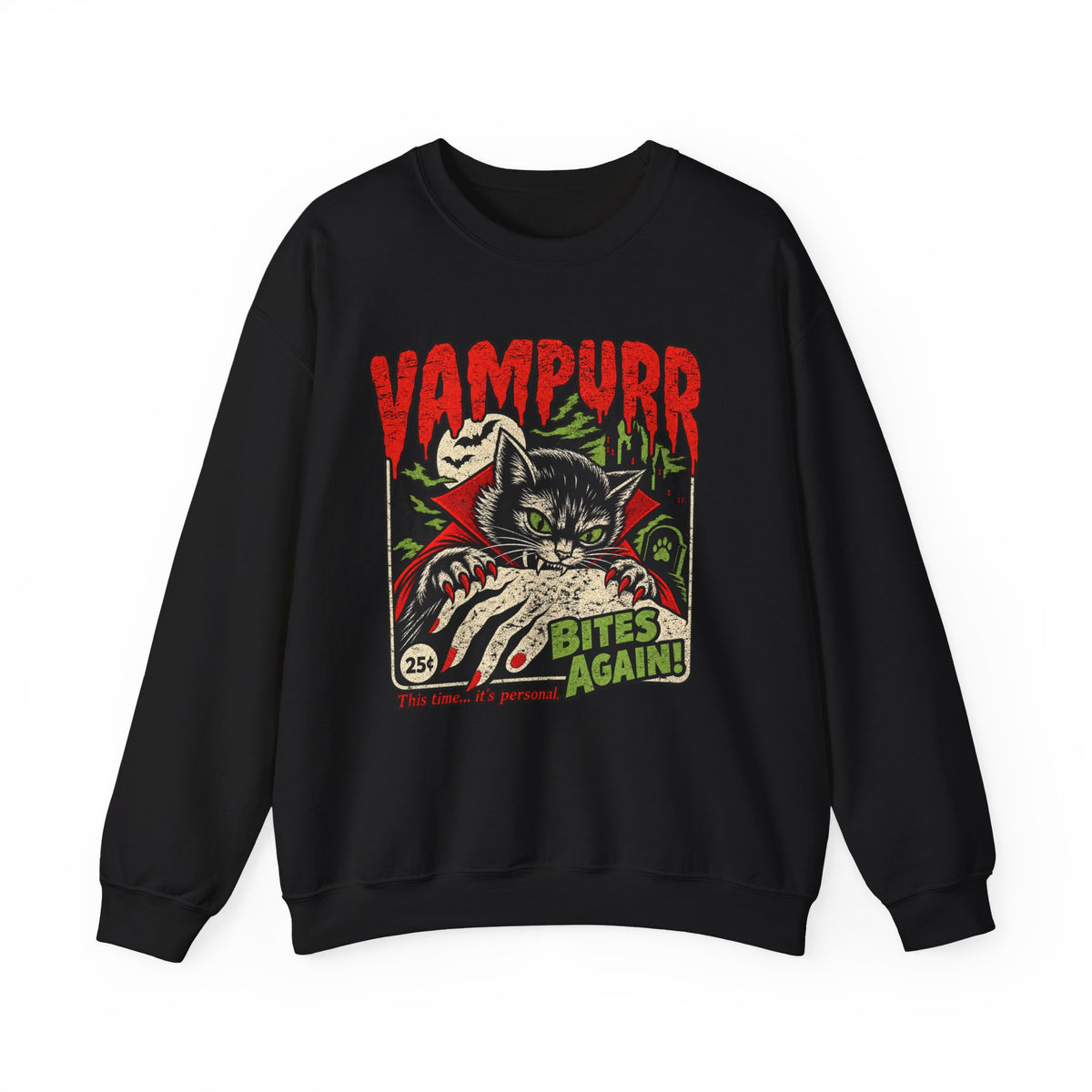 Vampurr Bites Again Sweatshirt — Retro Horror Cat Graphic Crewneck