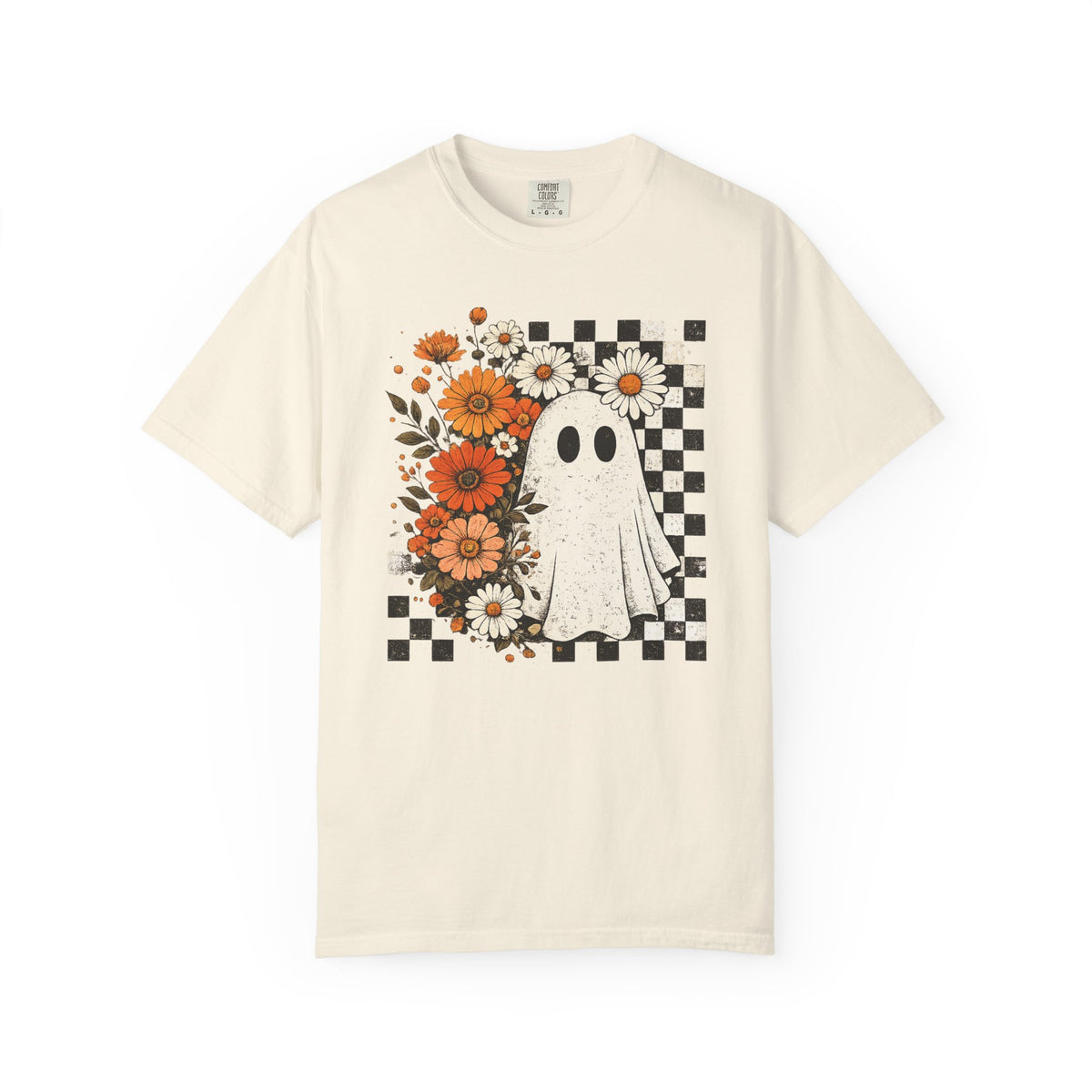 Ghost & Flowers Graphic Tee — Checkerboard Floral Halloween T-Shirt