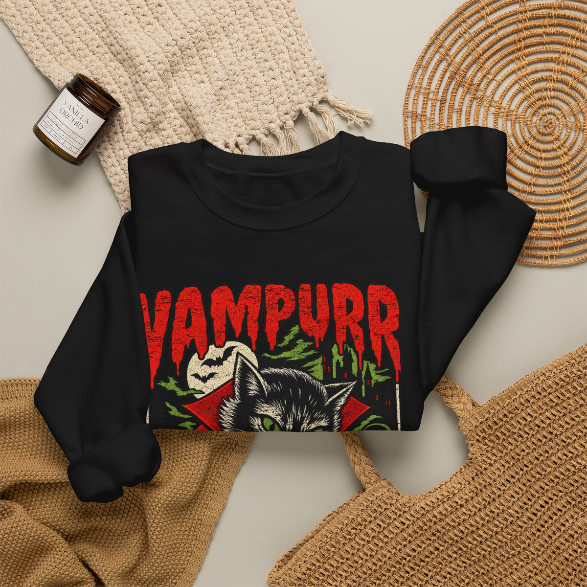 Vampurr Bites Again Sweatshirt — Retro Horror Cat Graphic Crewneck
