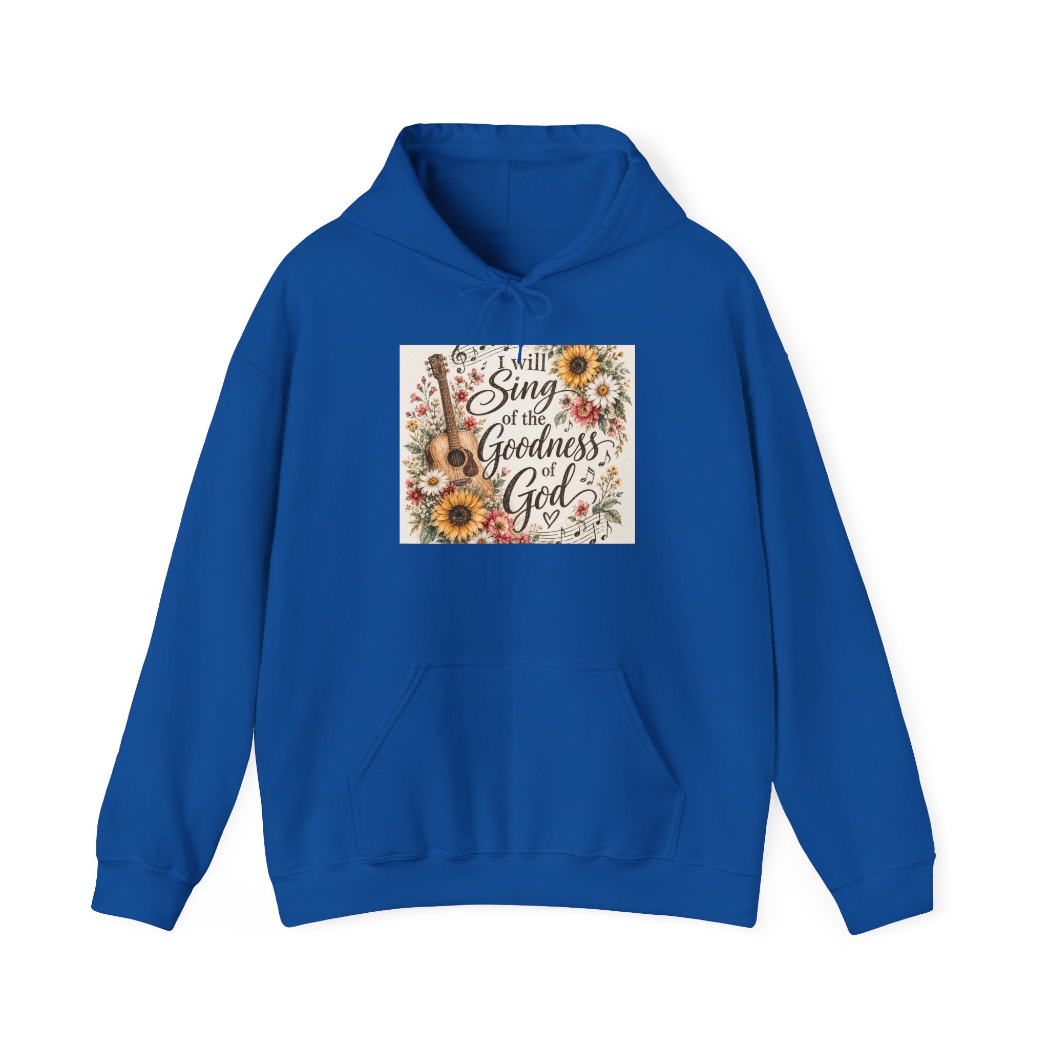Christian Hoodie — "I Will Sing of the Goodness of God" Floral Guitar Design