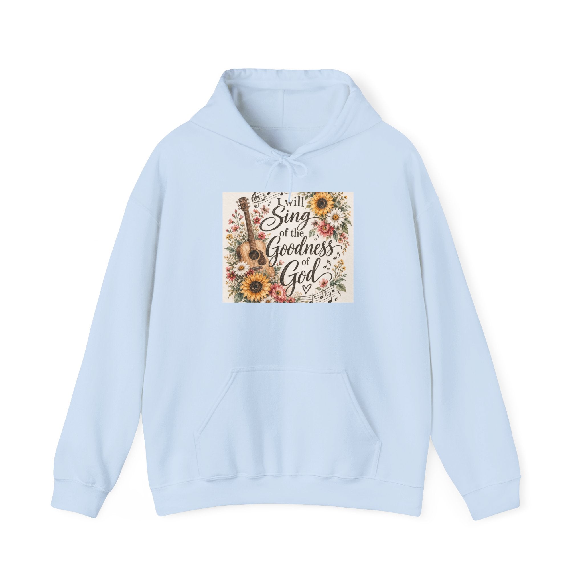 Christian Hoodie — "I Will Sing of the Goodness of God" Floral Guitar Design