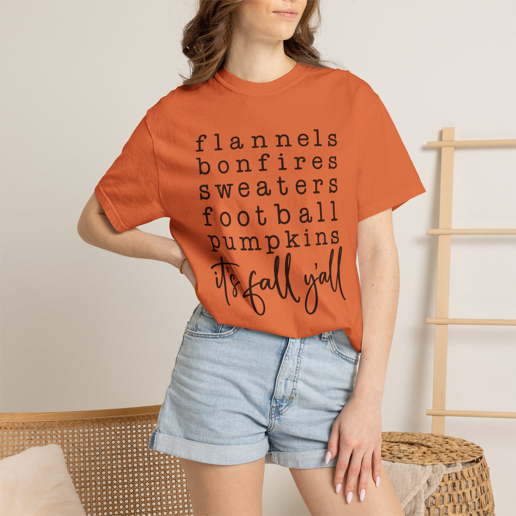 It's Fall Y'all T-Shirt — Flannels, Bonfires, Sweaters & Pumpkins Tee