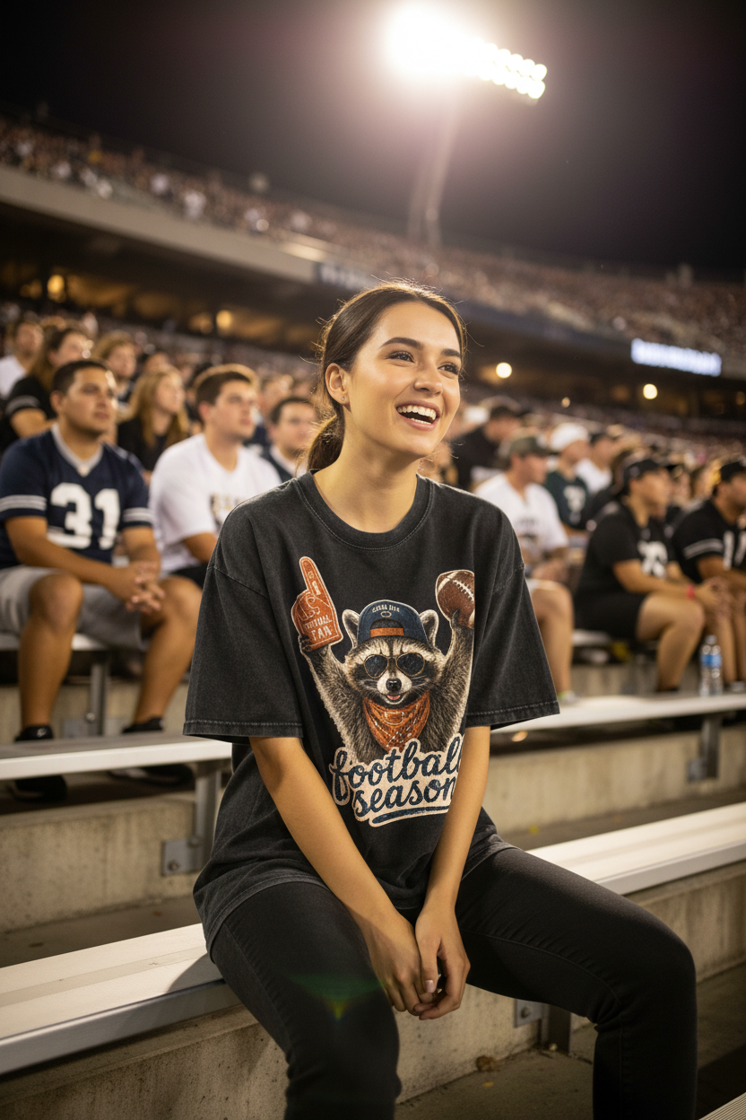 A black acid-wash graphic t-shirt featuring a raccoon mascot wearing a blue and orange football cap, holding a football and a foam finger with 'FOAM 10' text, above the words 'football season' in a retro script.