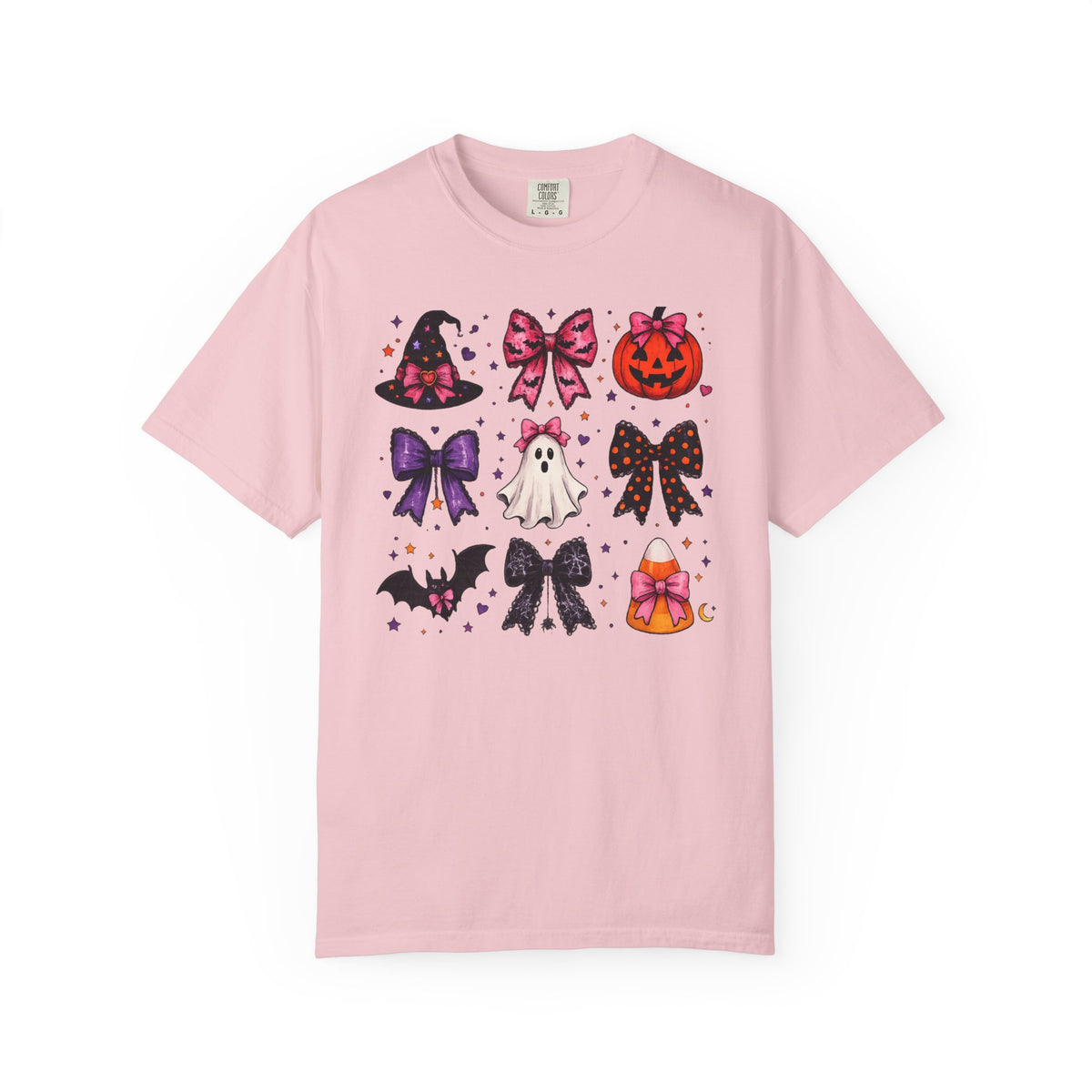 Halloween Bow Icons T-Shirt — Cute Spooky Ghost, Pumpkin & Bat Graphic Tee