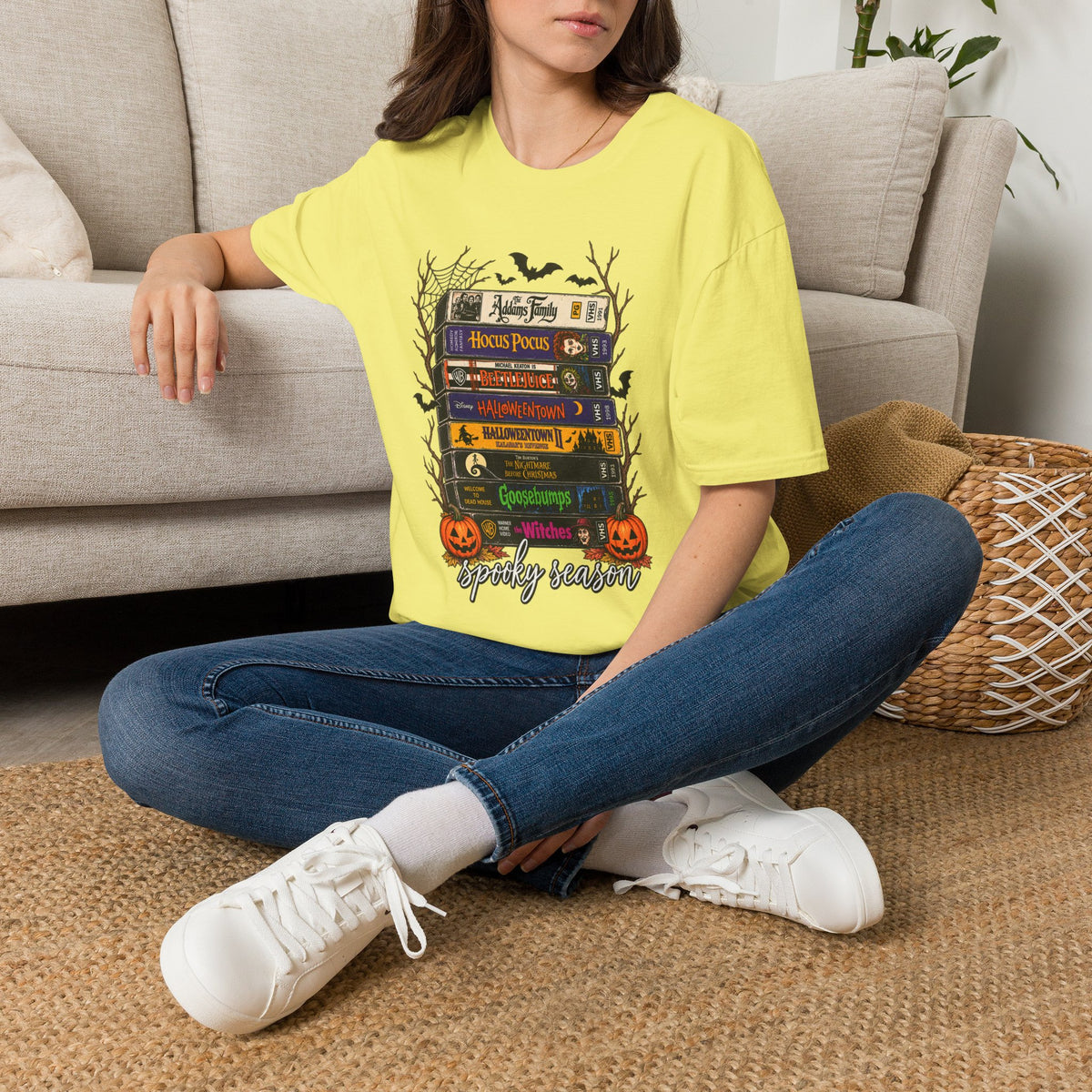 Halloween Movie Book Stack  Soft style T-Shirt — Hocus Pocus, Beetlejuice & Halloween Town Graphic Gildan Tee