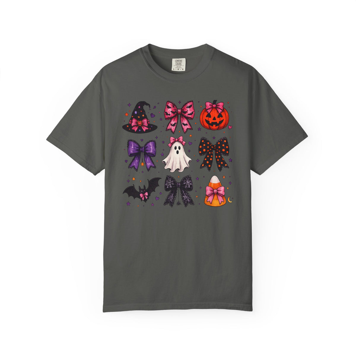 Halloween Bow Icons T-Shirt — Cute Spooky Ghost, Pumpkin & Bat Graphic Tee