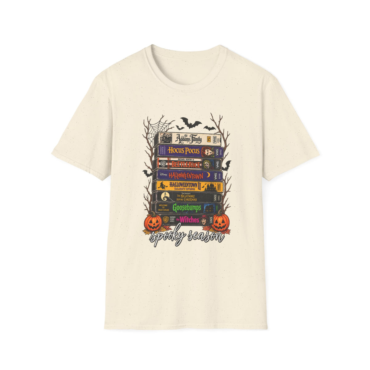 Halloween Movie Book Stack  Soft style T-Shirt — Hocus Pocus, Beetlejuice & Halloween Town Graphic Gildan Tee