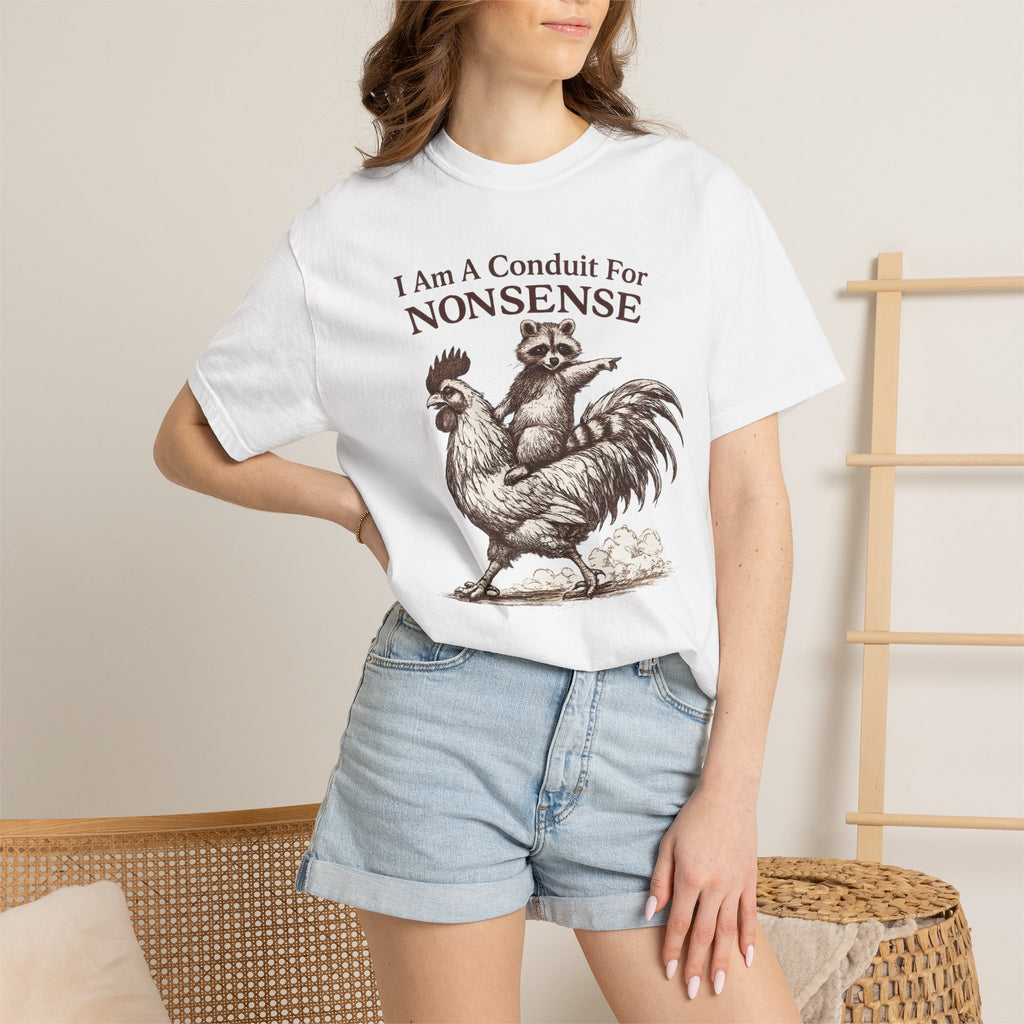 I Am a Conduit for Nonsense T-Shirt — Raccoon Riding Rooster Vintage Graphic Tee