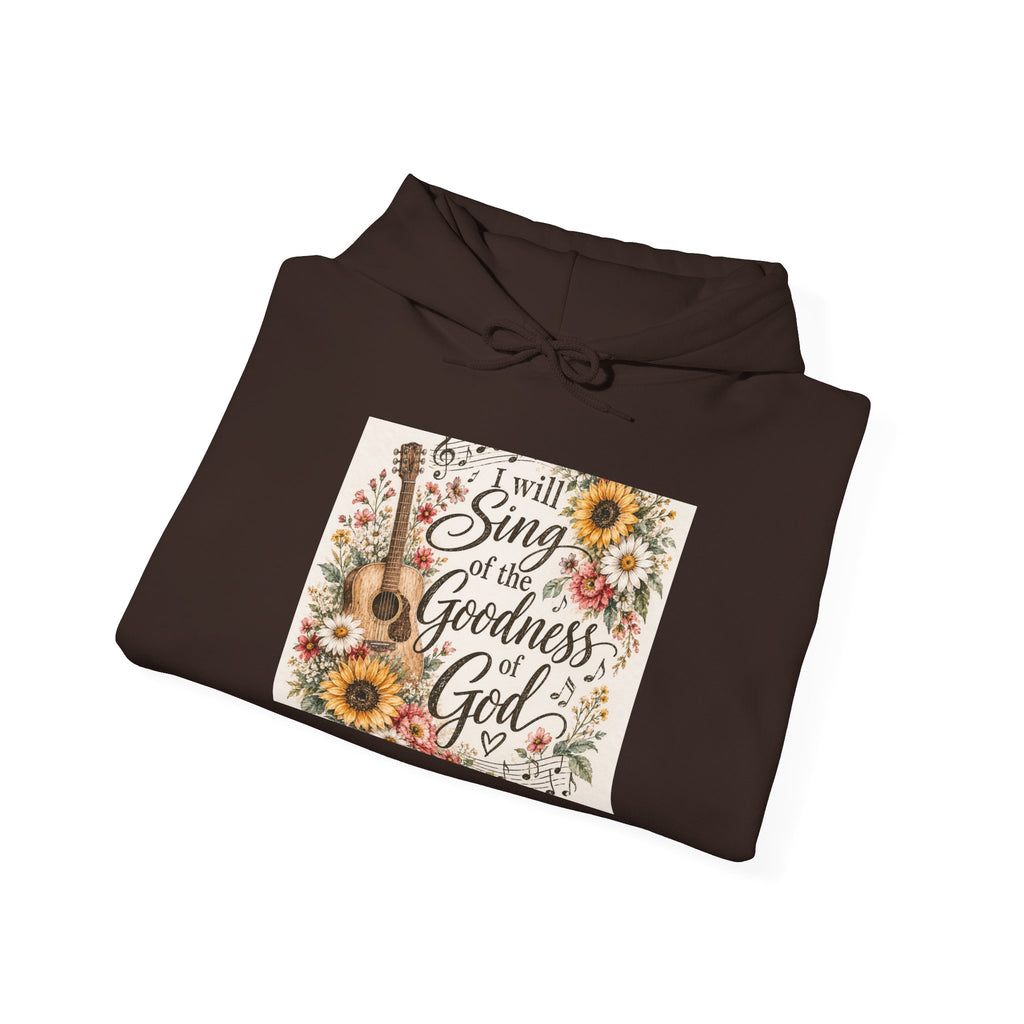 Christian Hoodie — "I Will Sing of the Goodness of God" Floral Guitar Design