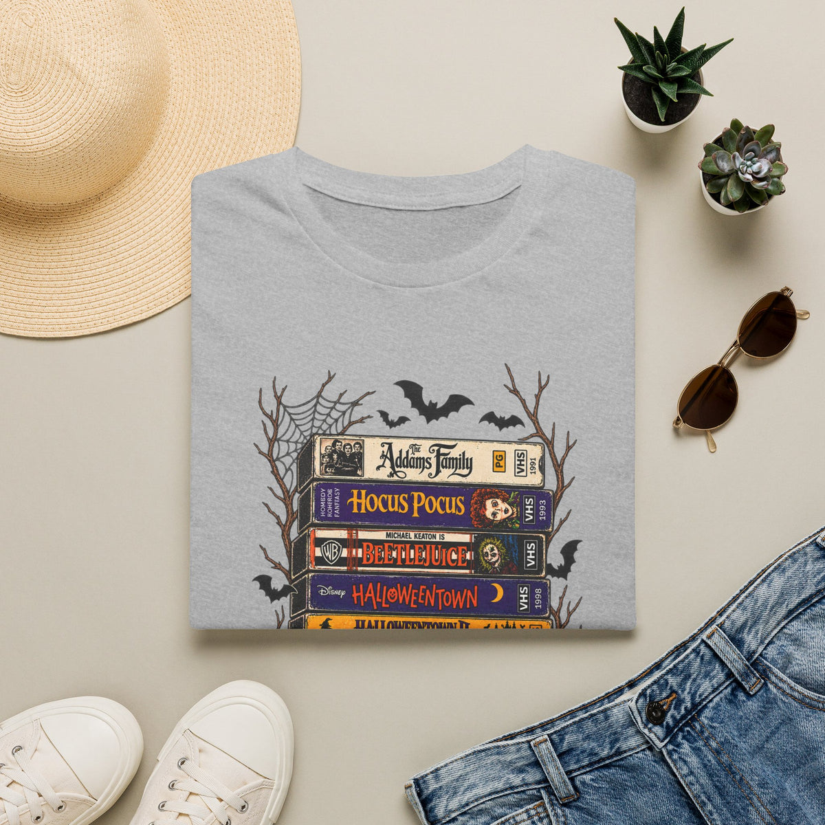 Halloween Movie Book Stack  Soft style T-Shirt — Hocus Pocus, Beetlejuice & Halloween Town Graphic Gildan Tee