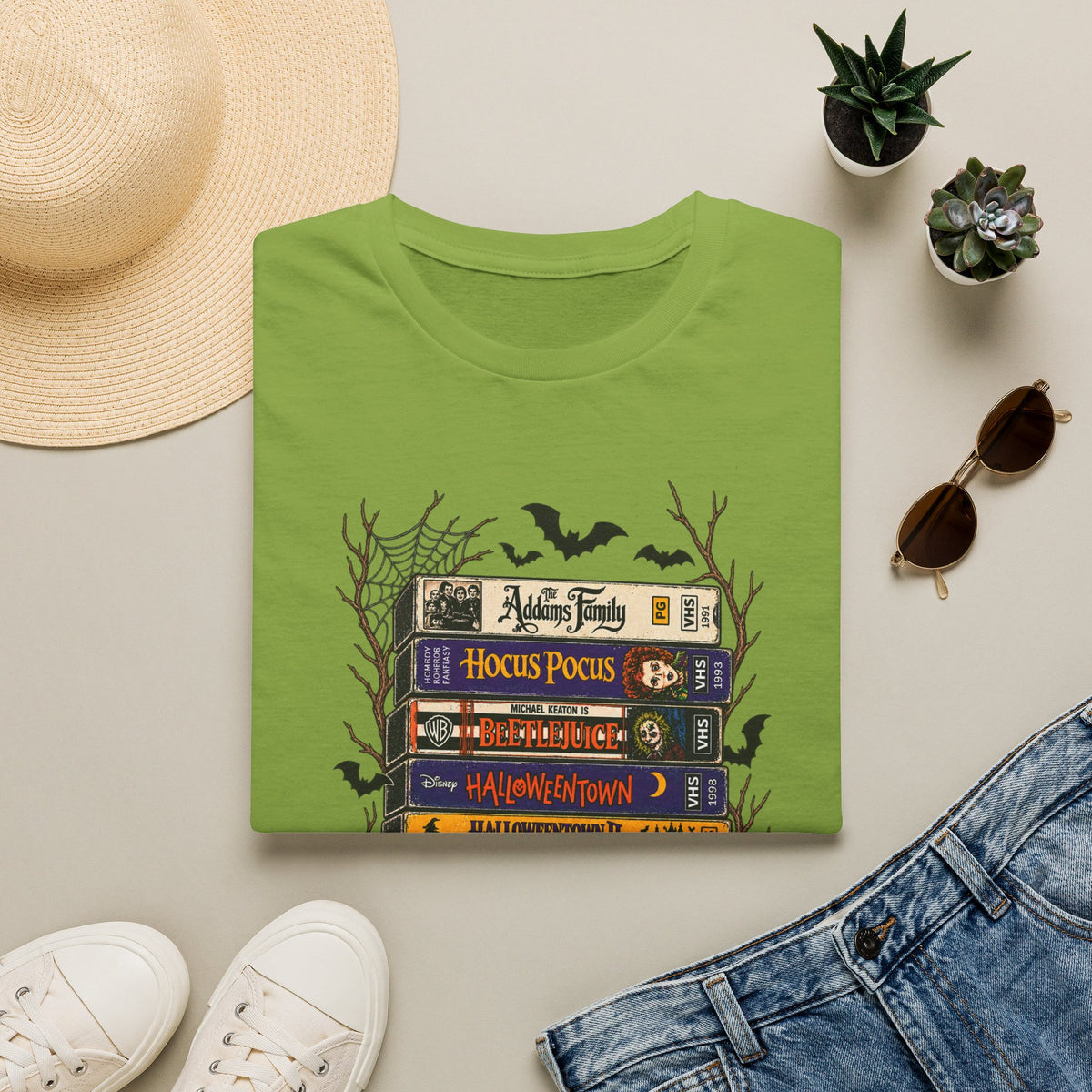 Halloween Movie Book Stack  Soft style T-Shirt — Hocus Pocus, Beetlejuice & Halloween Town Graphic Gildan Tee