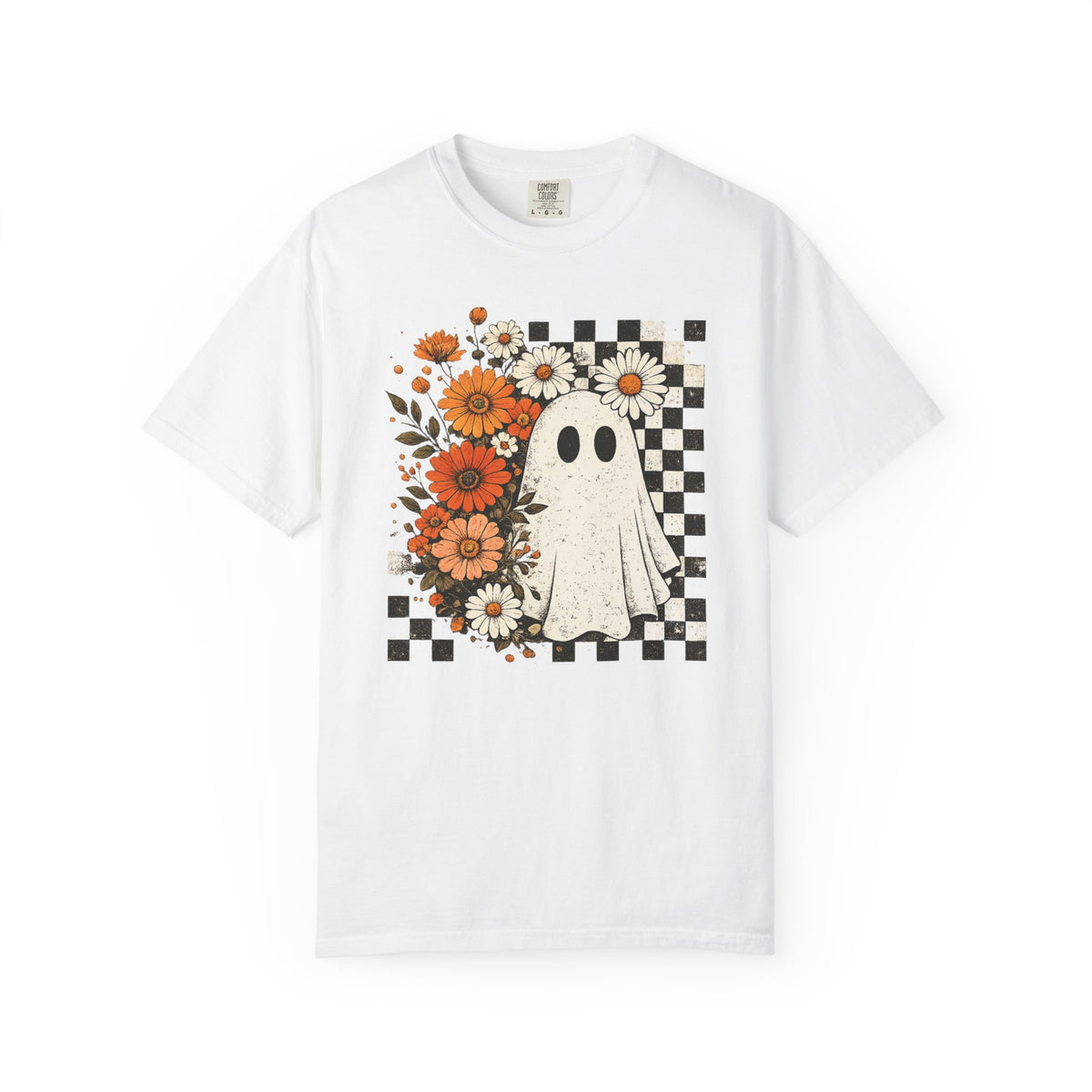 Ghost & Flowers Graphic Tee — Checkerboard Floral Halloween T-Shirt
