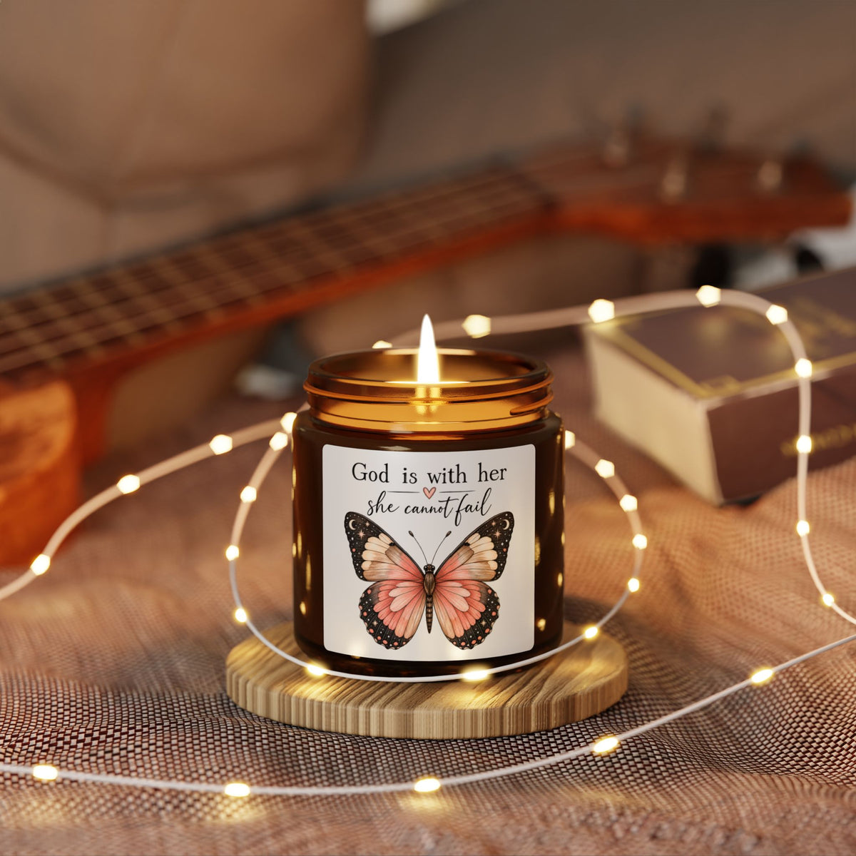 Inspirational Butterfly Soy Candle — "God is with her, she cannot fail" Amber Jar