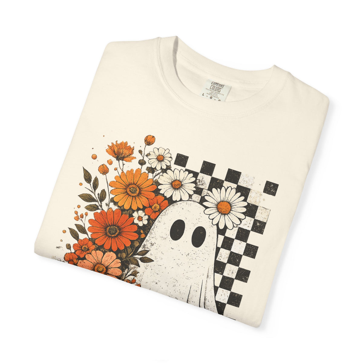 Ghost & Flowers Graphic Tee — Checkerboard Floral Halloween T-Shirt