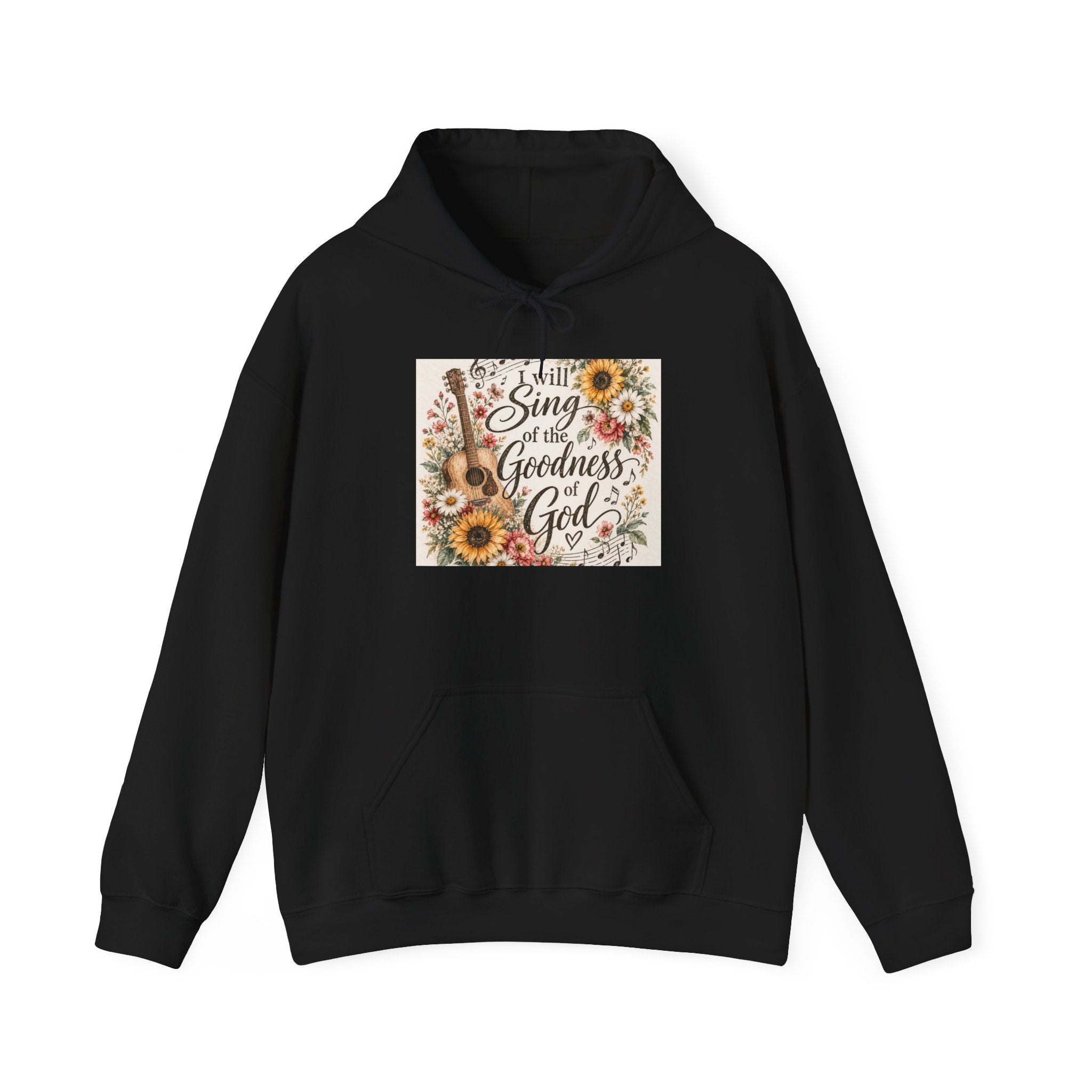 Christian Hoodie — "I Will Sing of the Goodness of God" Floral Guitar Design