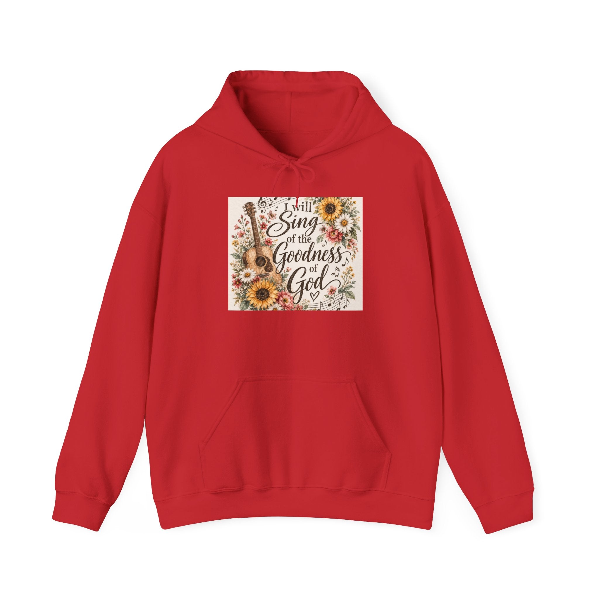 Christian Hoodie — "I Will Sing of the Goodness of God" Floral Guitar Design