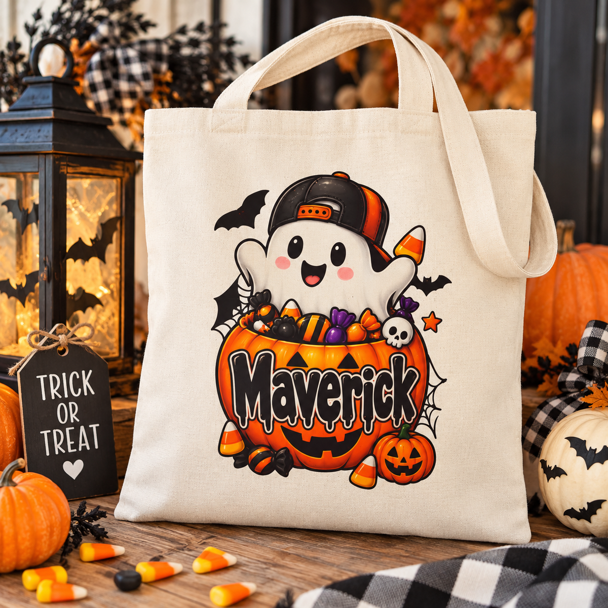 Halloween Ghost Pumpkin Tote Bag – "Maverick" Trick-or-Treat Cotton Canvas Tote