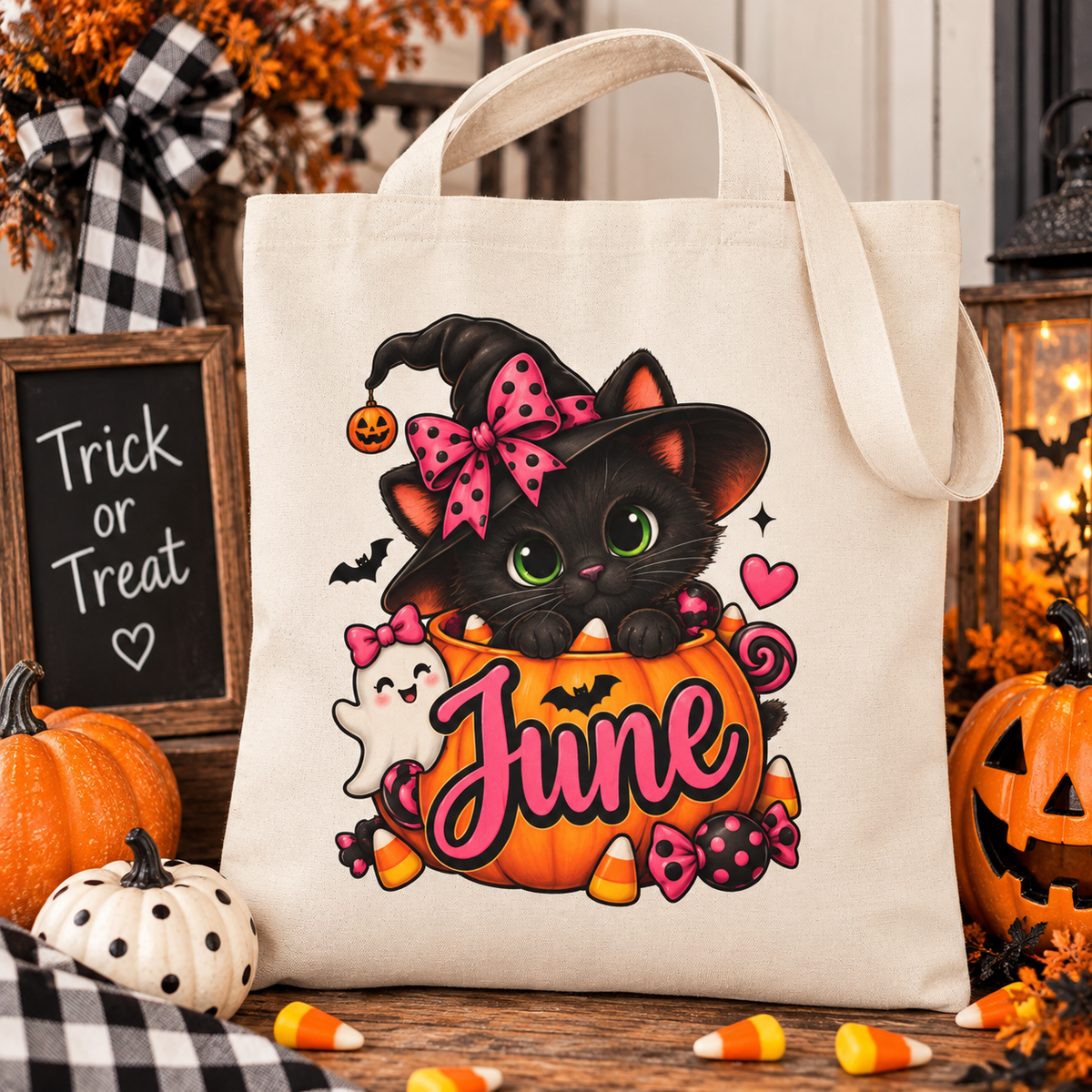 June Witch Cat Halloween Tote Bag — Cute Seasonal Canvas Market Bag