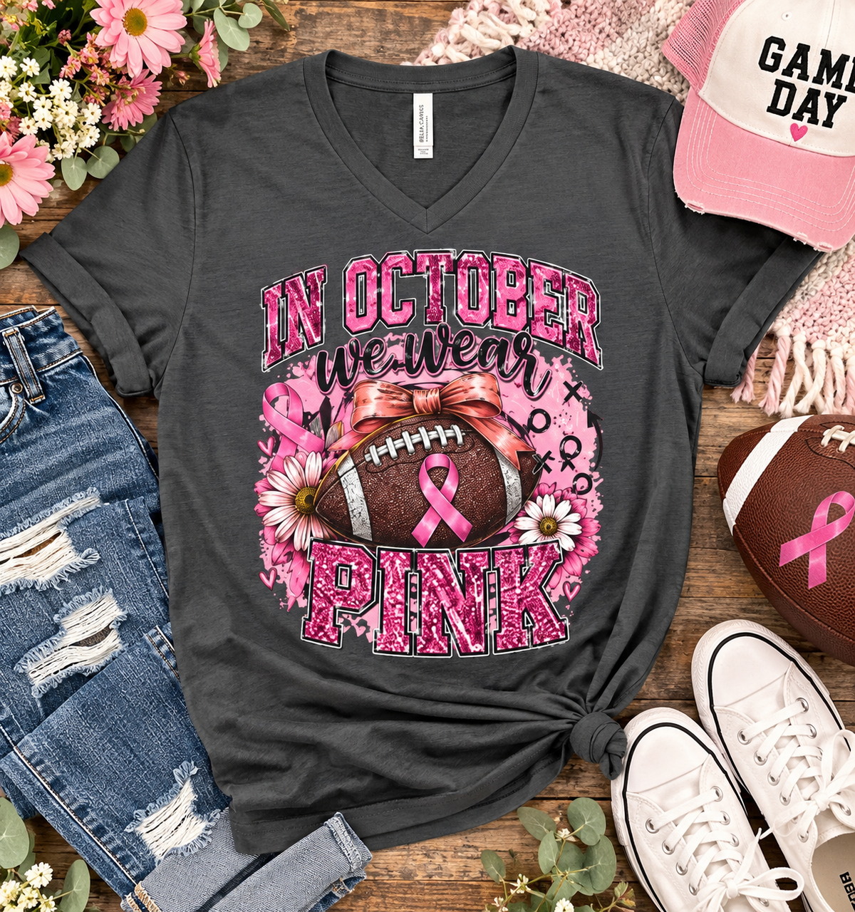 In October We Wear Pink Football T‑Shirt – Breast Cancer Awareness Tee