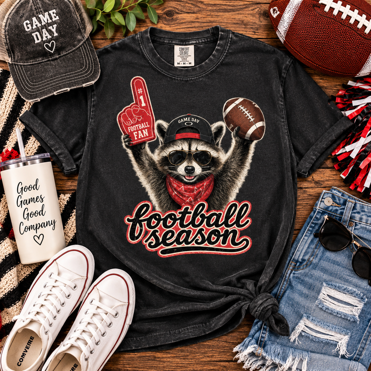 Red and Black football fan Snow Washed Oversized Cotton T-Shirt