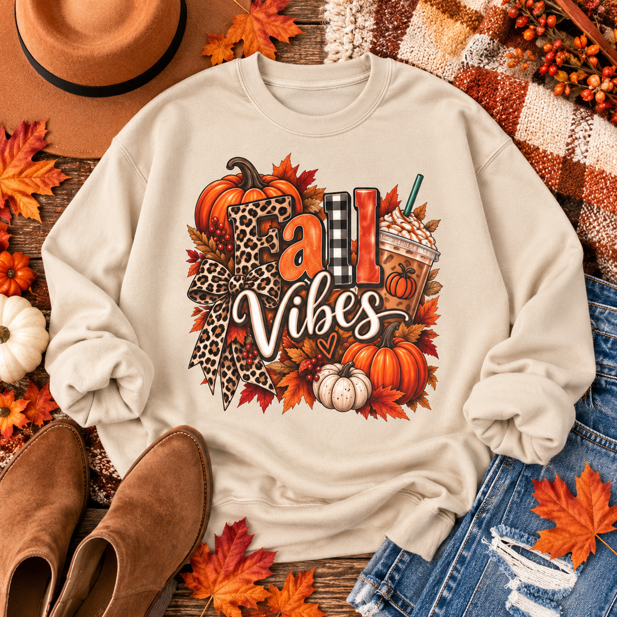 Fall Vibes Sweatshirt — Pumpkin & Leopard Autumn Crewneck