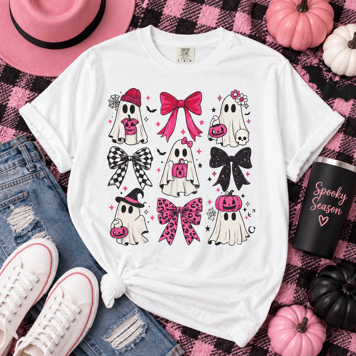 Halloween Ghosts & Bows T-Shirt — Cute Pink Trick-or-Treat Graphic Tee