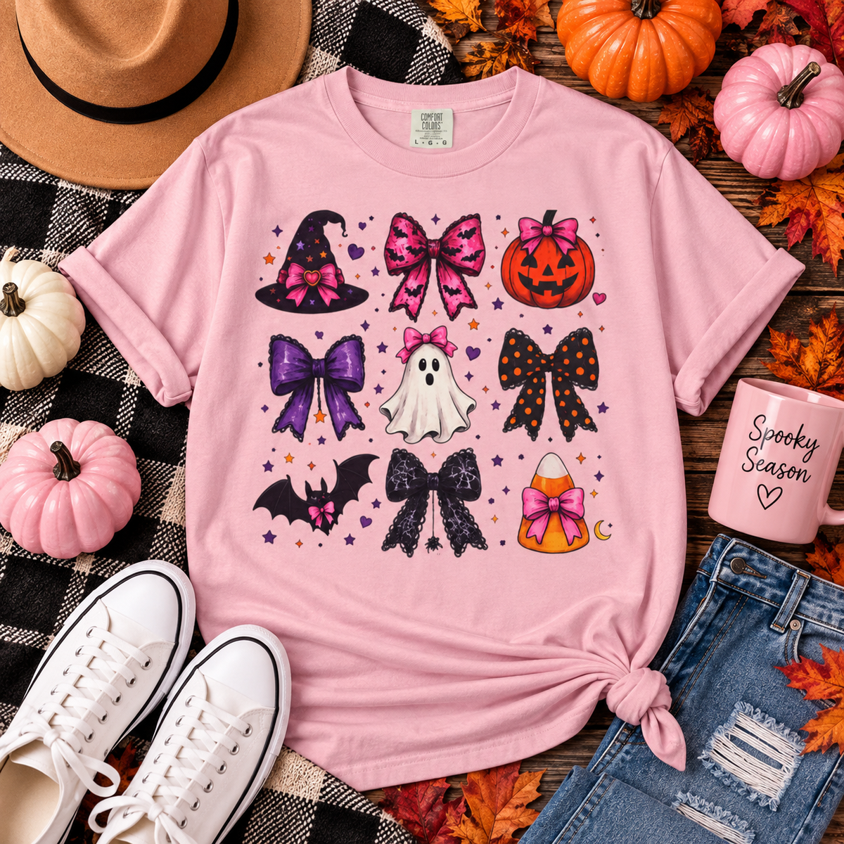 Halloween Bow Icons T-Shirt — Cute Spooky Ghost, Pumpkin & Bat Graphic Tee