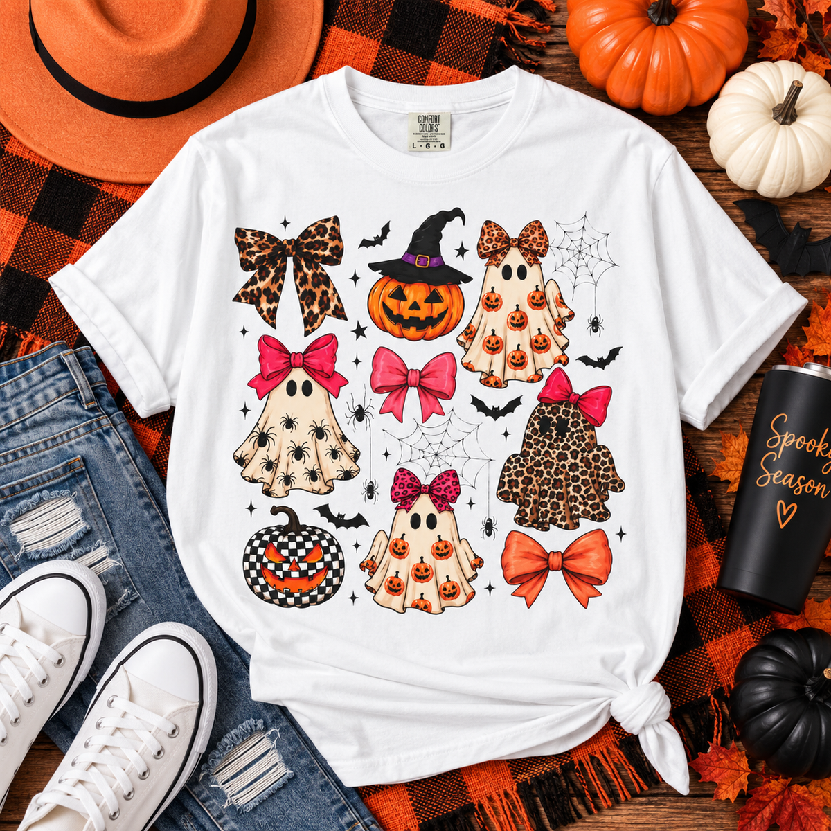 Halloween Ghost & Bows T-Shirt — Leopard Print Pumpkins & Cute Ghosts