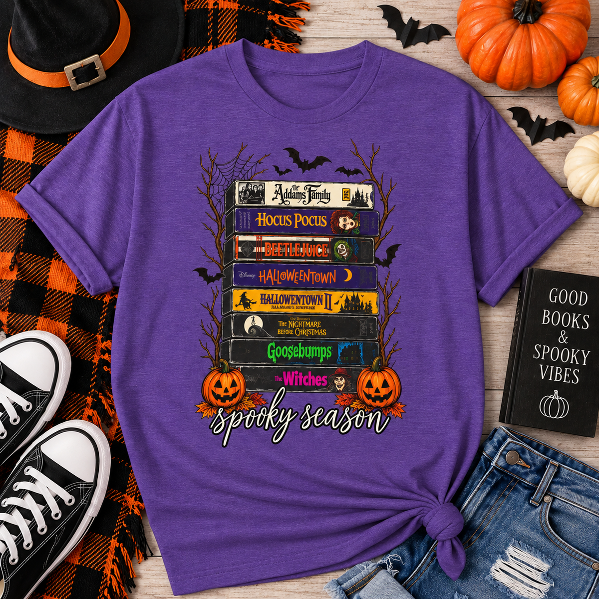 Halloween Movie Book Stack  Soft style T-Shirt — Hocus Pocus, Beetlejuice & Halloween Town Graphic Gildan Tee