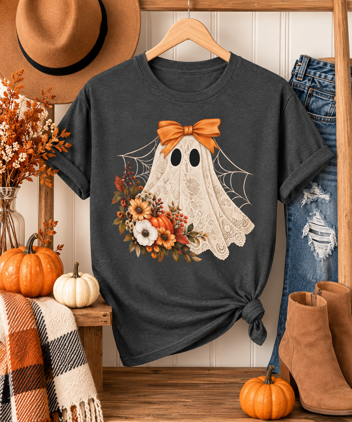 Lace Ghost Tee — Cute Halloween Ghost with Orange Bow & Autumn Florals