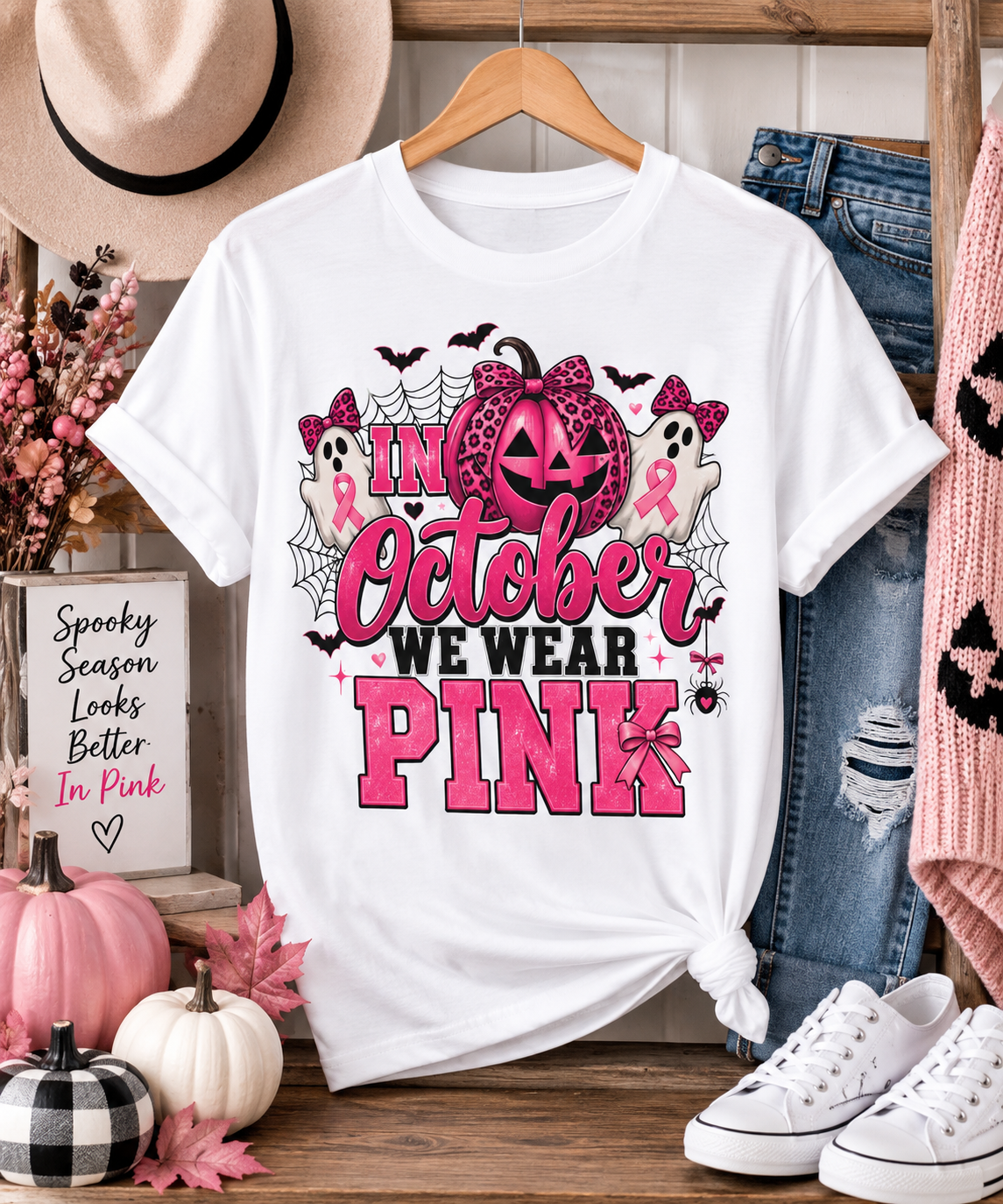 Breast Cancer Awareness Halloween T-Shirt — "In October We Wear Pink" Pumpkin & Ghost Design