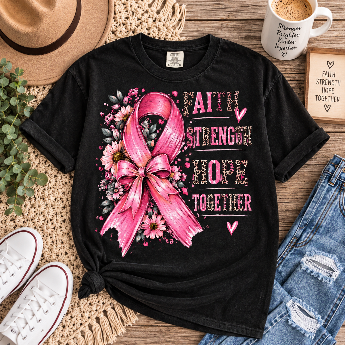 Breast Cancer Awareness Ribbon T-Shirt – Faith Strength Hope Together