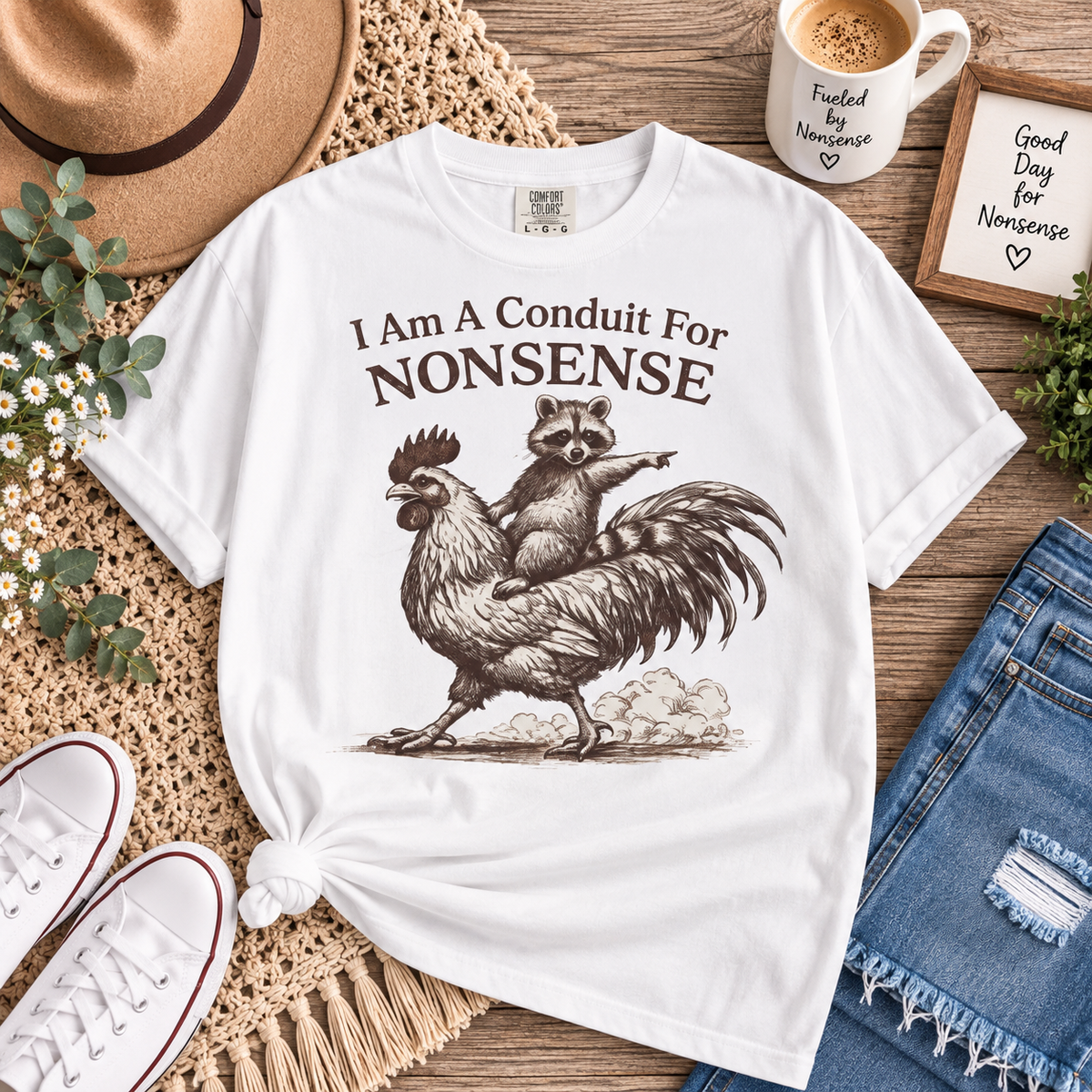 I Am a Conduit for Nonsense T-Shirt — Raccoon Riding Rooster Vintage Graphic Tee