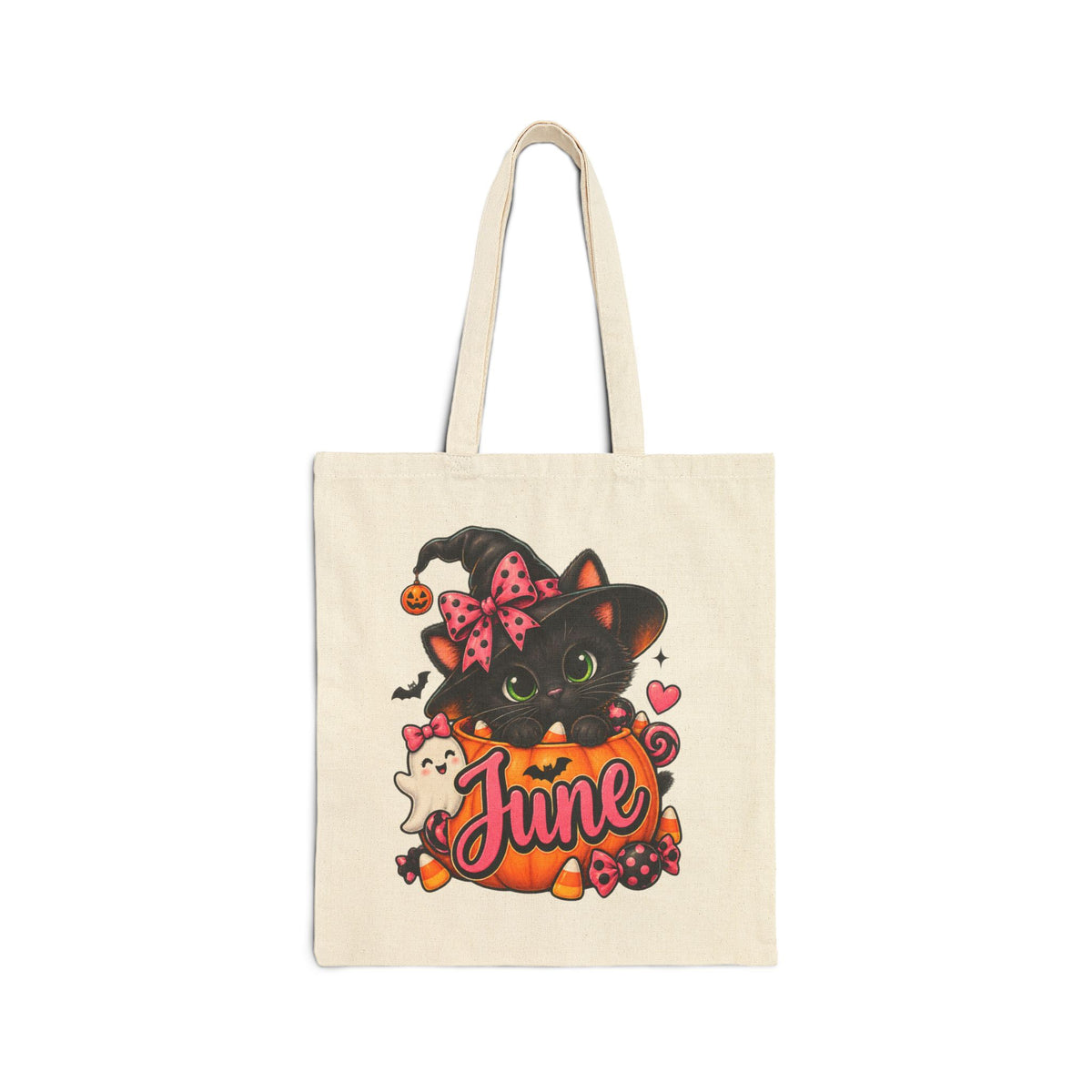 June Witch Cat Halloween Tote Bag — Cute Seasonal Canvas Market Bag