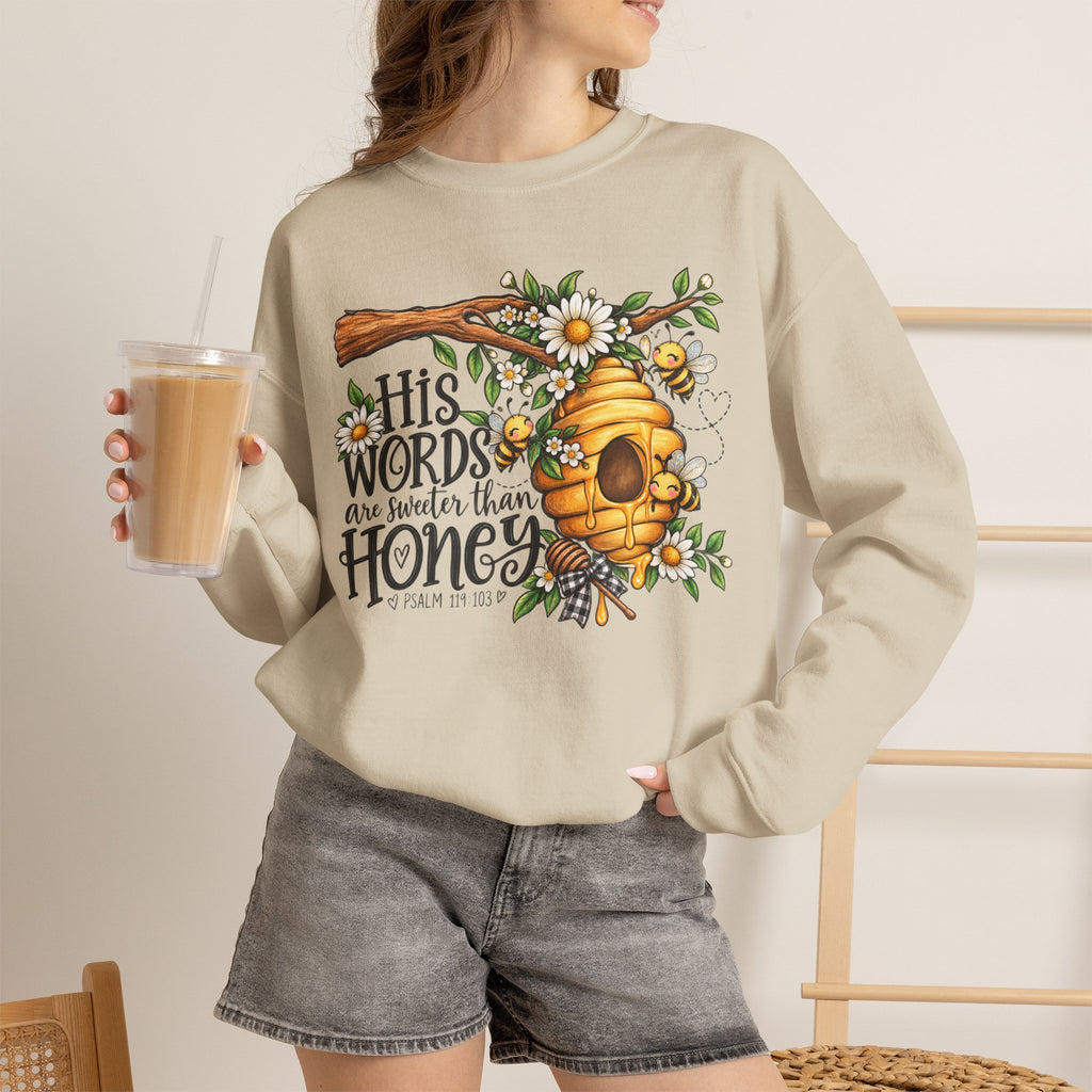 Crewneck Sweatshirt — “His Words Are Sweeter Than Honey” Bee & Beehive Design