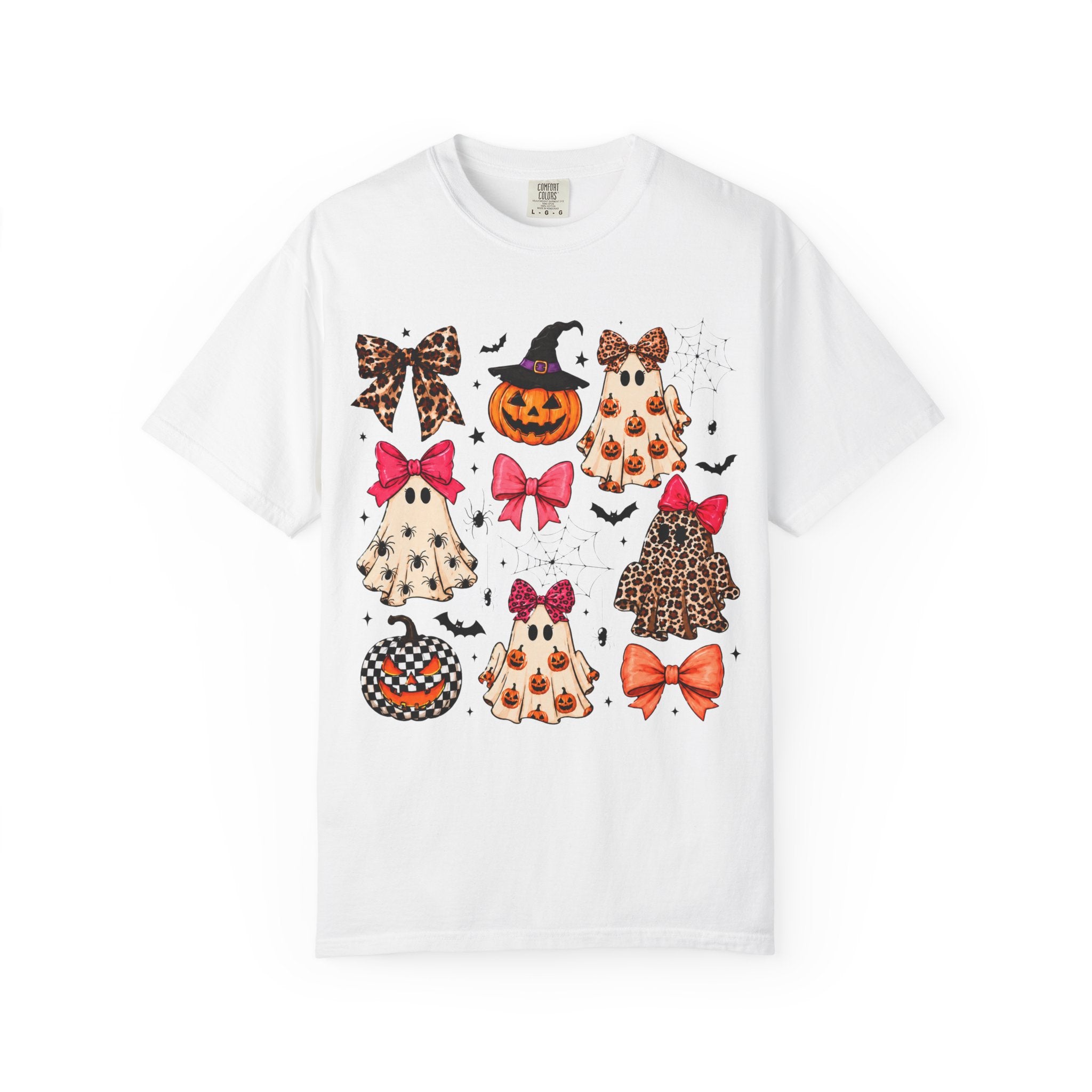 Halloween Ghost & Bows T-Shirt — Leopard Print Pumpkins & Cute Ghosts