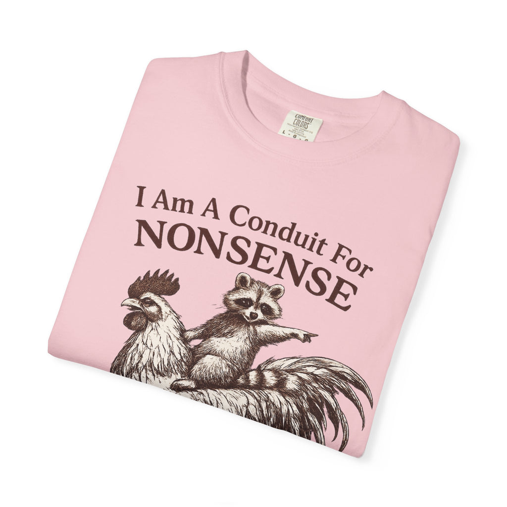 I Am a Conduit for Nonsense T-Shirt — Raccoon Riding Rooster Vintage Graphic Tee