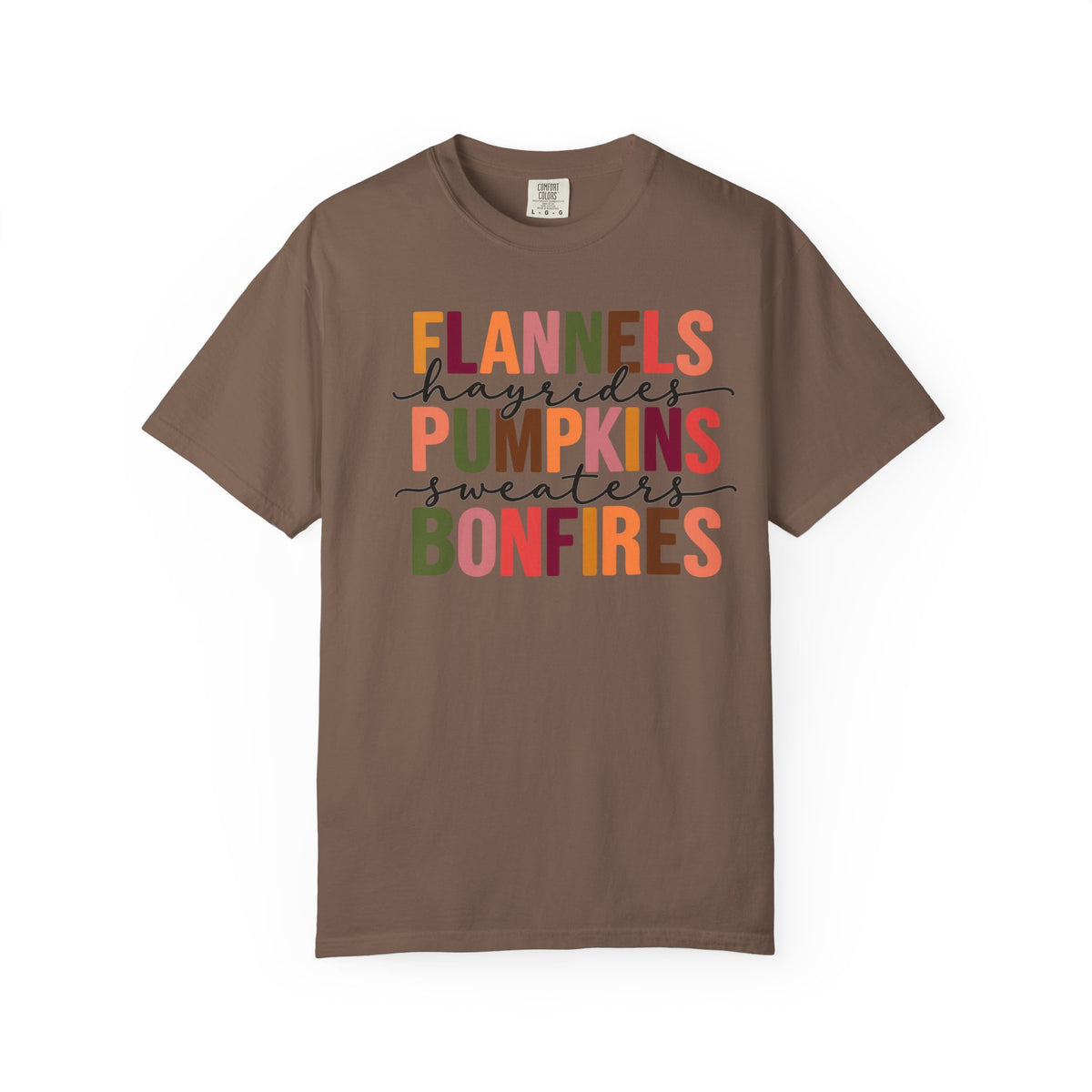 Fall Vibes T-Shirt – "Flannels Hayrides Pumpkins Sweaters Bonfires" Autumn Graphic Tee