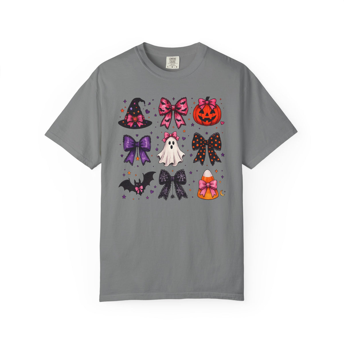 Halloween Bow Icons T-Shirt — Cute Spooky Ghost, Pumpkin & Bat Graphic Tee