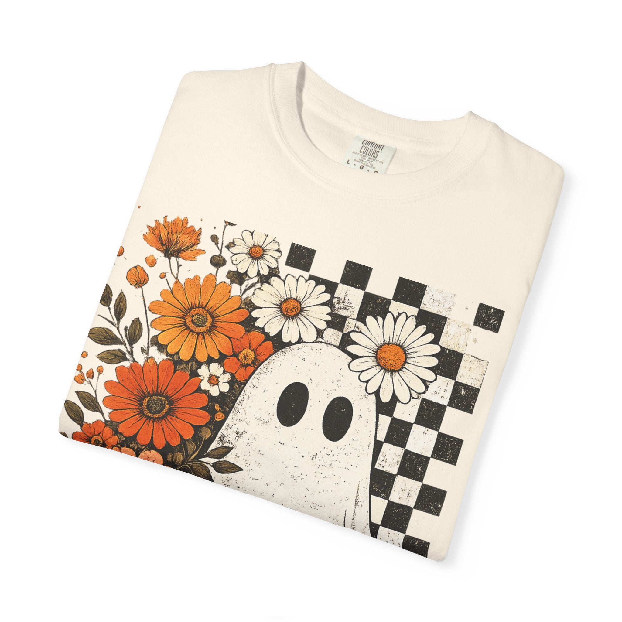 Ghost & Flowers Graphic Tee — Checkerboard Floral Halloween T-Shirt
