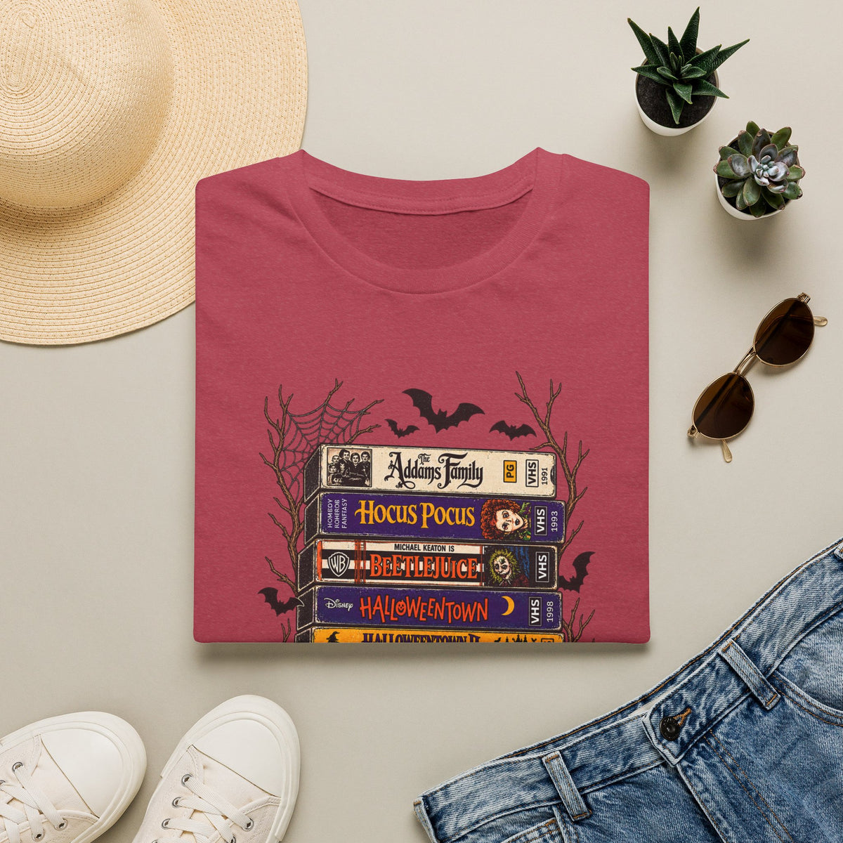 Halloween Movie Book Stack  Soft style T-Shirt — Hocus Pocus, Beetlejuice & Halloween Town Graphic Gildan Tee