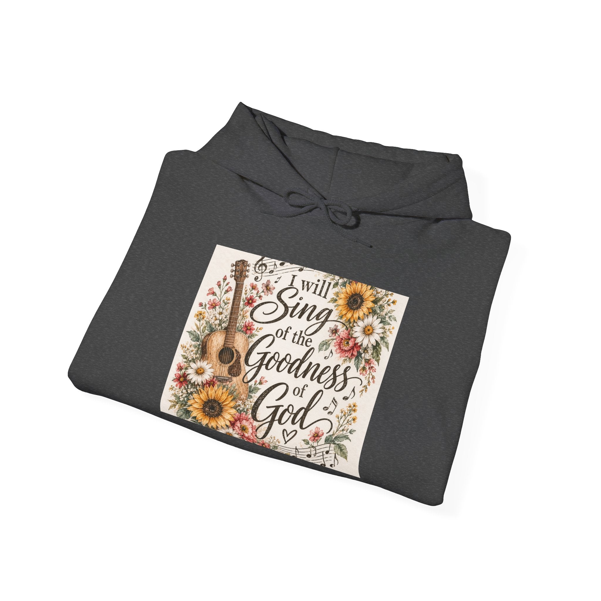 Christian Hoodie — "I Will Sing of the Goodness of God" Floral Guitar Design