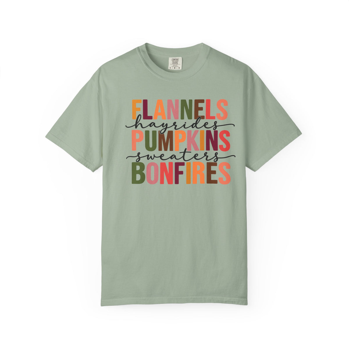 Fall Vibes T-Shirt – "Flannels Hayrides Pumpkins Sweaters Bonfires" Autumn Graphic Tee